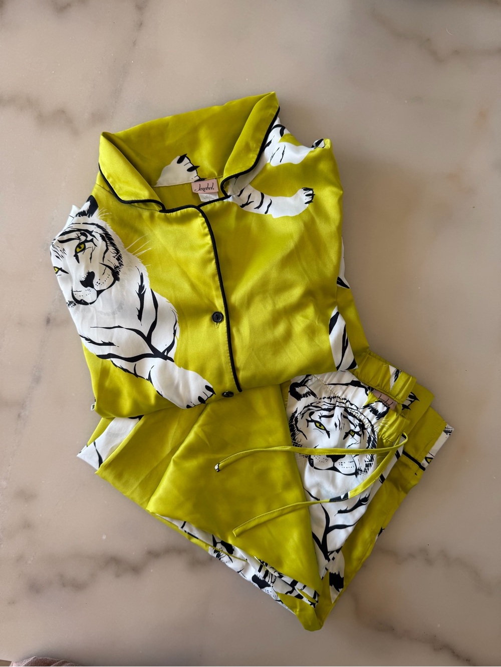 Jezebel Chartreuse Satin Tiger Print Pajama Set - Picture 2 of 2